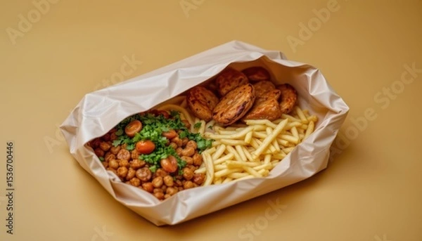 Fototapeta Delicious Takeout Meal Featuring Chickpeas, Fresh Tomatoes, and Crispy Fries in a Container