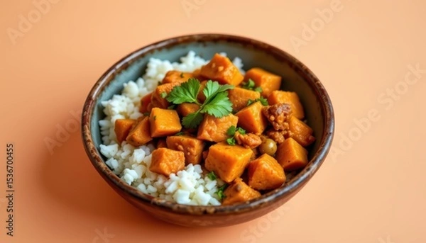 Fototapeta Colorful Bowl of Rice Topped with Diced Sweet Potatoes and Fresh Herbs on Orange Background