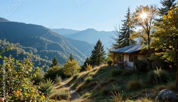 Fototapeta Charming Cabin Nested in Serene Mountain Landscape at Sunrise Surrounded by Autumn Foliage