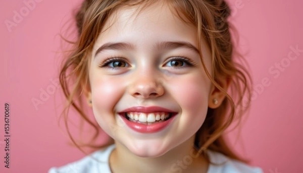 Fototapeta Portrait of a Happy Young Girl with Freckles Against a Pink Background Smiling Joyfully