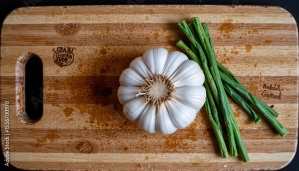 Fototapeta Fresh Garlic Bulb and Green Onions on a Wooden Cutting Board in a Bright Kitchen Setting