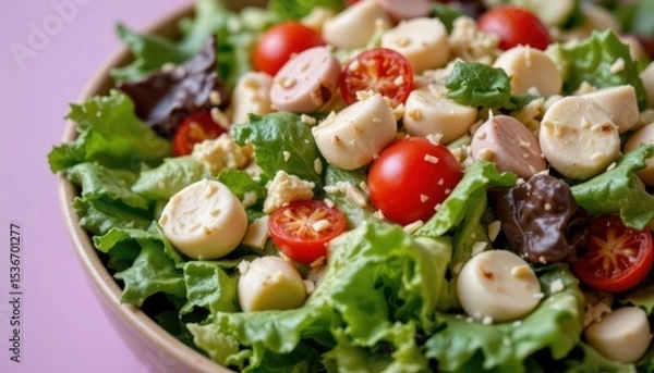 Fototapeta Vibrant Salad with Fresh Vegetables and Cheese in a Bowl on a Pink Background
