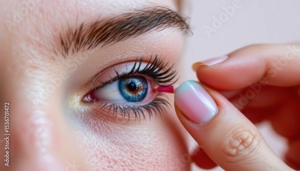Fototapeta Close-Up of a Young Woman Applying Makeup with Colorful Eyeliner and Enhanced Lashes