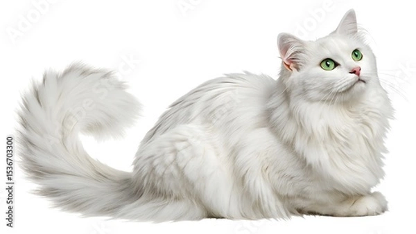 Fototapeta A fluffy white cat with green eyes lying down and looking up on a white background in studio shot
