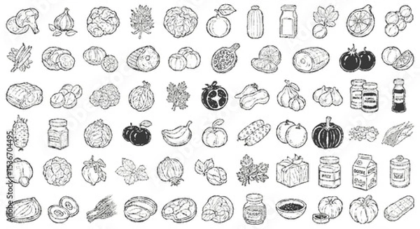 Fototapeta Collection of hand-drawn food illustrations including vegetables, fruits, and preserved items like pickles and jams.
