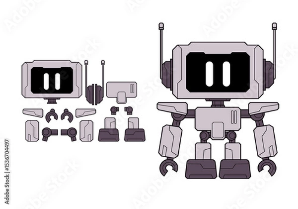 Obraz Bot robot character mascot of cyborg cartoon flat set of hand arm body parts collection