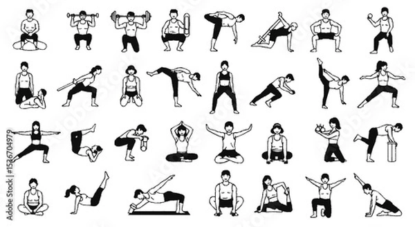 Obraz Diverse group of people performing various exercise and yoga poses.