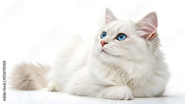 Fototapeta A fluffy white cat with striking blue eyes lying down on a white surface looking upwards intently