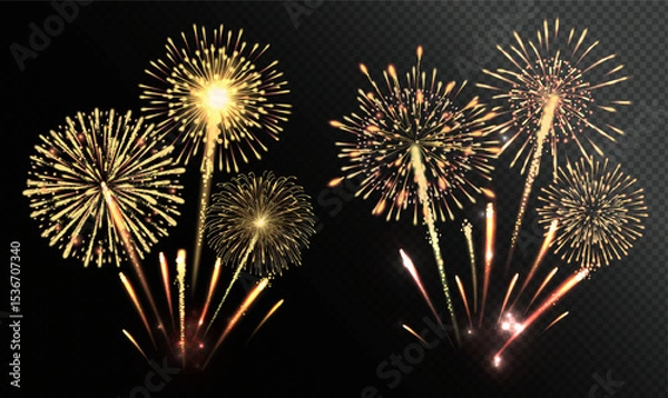 Fototapeta Golden fireworks explosion on transparent background vector illustration
