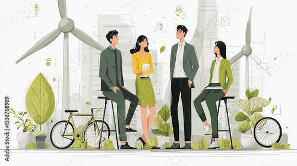 Fototapeta Group of Diverse People Standing Together in Front of Modern Wind Turbines Against Clear Blue Sky