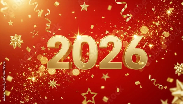Obraz Happy New Year 2026 Gold Numbers with Sparkling Festive Red Background