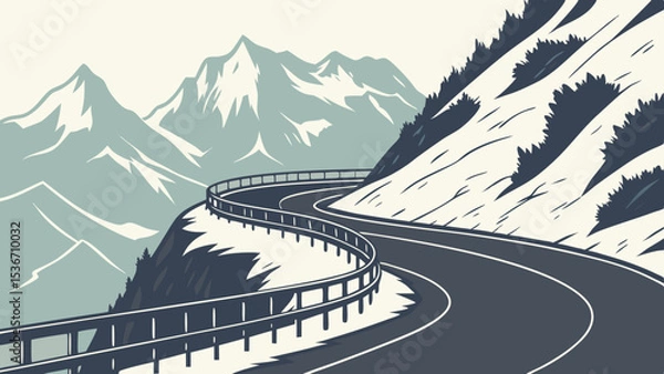 Fototapeta Winding asphalt road with metal railing curves through mountainous landscape, evoking adventure