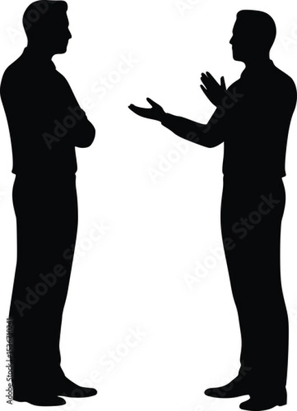 Fototapeta Silhouette of two people talking with expressive gestures symbolizing communication and dialogue

