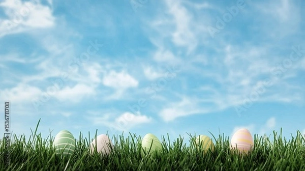 Fototapeta Colorful Easter Eggs Lying on Fresh Green Grass Under Blue Sky