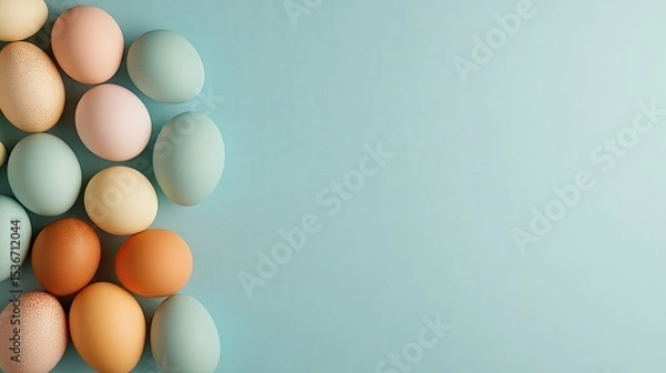 Fototapeta Colorful Decorative Eggs on a Light Blue Background for Spring