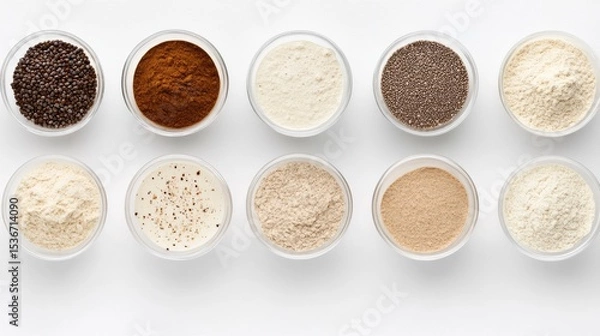 Fototapeta A Variety of Spices and Flours in Clear Bowls on White Surface