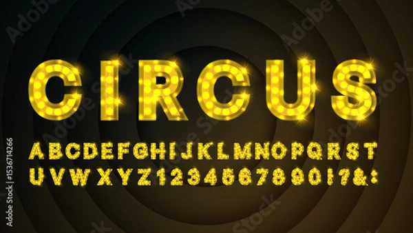 Fototapeta Retro Yellow and Golden Bulb Circus Alphabet – Glowing Marquee Font with Letters and Numbers | Vector Design