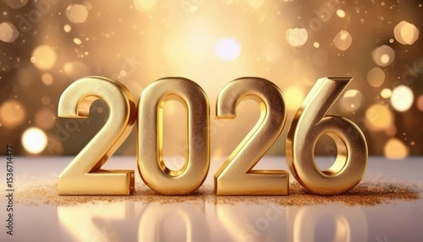 Fototapeta golden 2026 new year celebration background with glowing metallic numbers and festive bokeh lights for luxury web design, holiday print, or event branding

