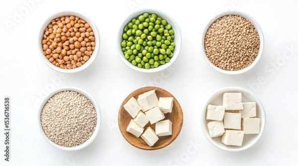 Fototapeta Colorful Variety of Raw Pulses and Cubes of Tofu on White Background