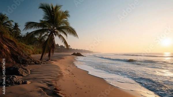 Fototapeta Tranquil sunrise beach with palm trees and gentle waves
