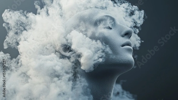 Obraz Surreal digital sculpture bust head dissolving into cloud smoke creating ethereal abstract conceptual portrait art