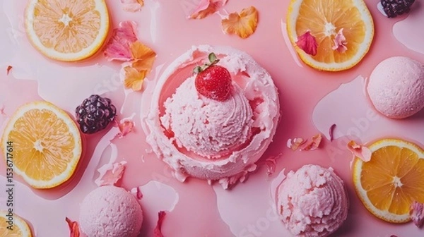Obraz Pink ice cream scoops surrounded by citrus fruits strawberries blackberries creating delicious flatlay dessert composition