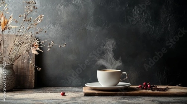Obraz Rustic coffee cup on wooden table with flowers and chalkboard background creating cozy vintage ambiance