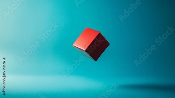 Obraz Simple red cube floating against turquoise gradient background showcasing minimal geometric abstract design modern clean