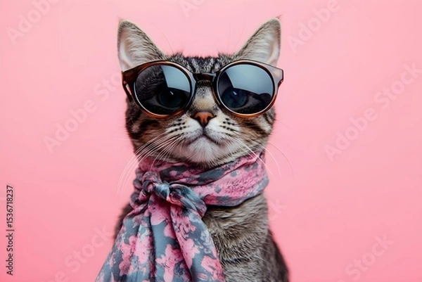 Fototapeta kot, stylowy kot, portret kota, kot w okularach, kot w apaszce, jedwabna apaszka, duże okulary, kot modowy, kot w stylizacji, kot w studio, portret studyjny, realistyczny kot, bliski plan, ujęcie z pr