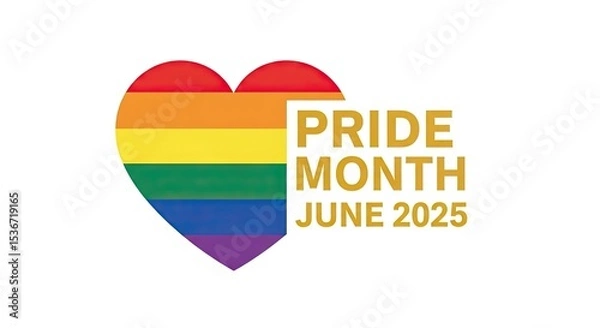 Fototapeta A bright digital illustration of the LGBT community flag in the shape of a heart with golden text 'Pride Month June 2025' – poster