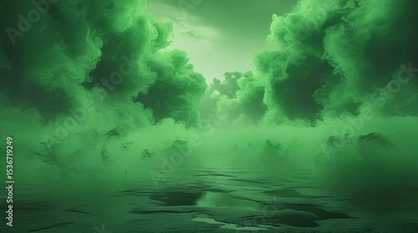 Fototapeta Eerie green mist landscape. Toxic swamp environment. Mysterious atmospheric scene with a sense of danger and fantasy.