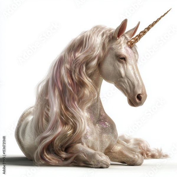 Fototapeta A fantasy-style unicorn with a shimmering mane resting, isolated on a white background