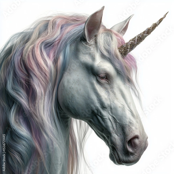 Fototapeta A fantasy-style unicorn with a shimmering mane, showcasing its head, isolated on a white background