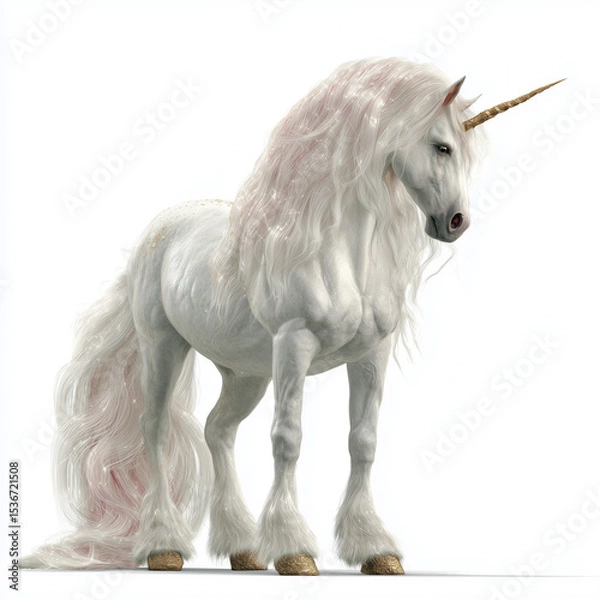 Fototapeta A fantasy-style unicorn with a shimmering mane standing gracefully, isolated on a white background