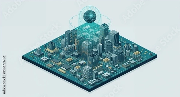 Fototapeta Isometric view of a city on a circuit board with a glowing sphere above the buildings and light blue