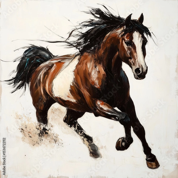 Fototapeta An impressionistic painting of a horse in motion, showcasing dynamic energy, isolated on a white background