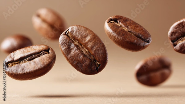 Fototapeta Floating coffee beans create captivating visual, showcasing their rich texture and color in harmonious arrangement