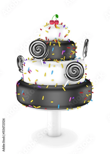 Fototapeta Beautifully decorated black cake with black lollipops isolated on transparent background png, ideas for birthday or holiday themes. Suitable for projects dedicated to birthdays, holidays.
