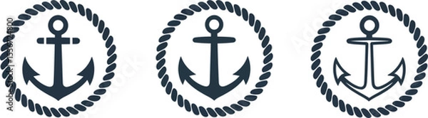Fototapeta Three Nautical Anchor Icons with Rope Border on White Background for Marine Themes