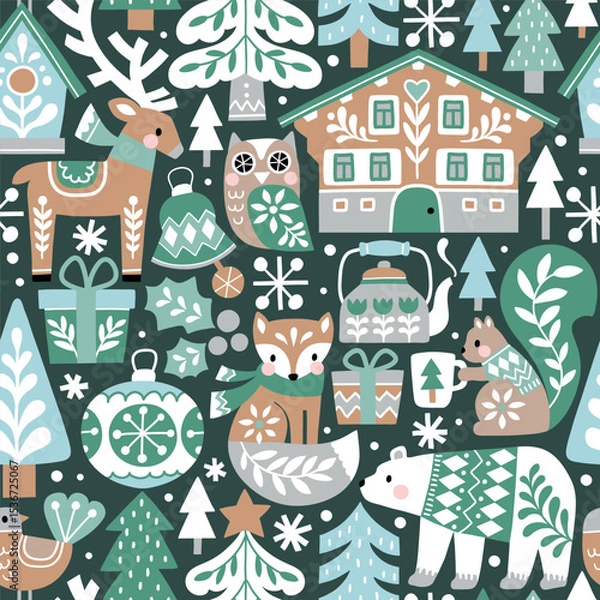 Fototapeta Seamless vector pattern with woodland animals. Cute deer, bear, fox, owl, squirrel and bird. Winter village with chalet and snowy pine trees. Scandinavian Christmas illustration. EPS10 vector file.