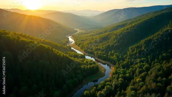 Fototapeta Top view on Scenic river flowing through green mountains at sunrise in golden hour