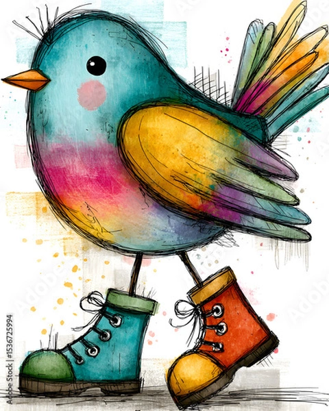 Fototapeta Cute watercolor bird in colorful boots with playful expression and whimsical artistic style