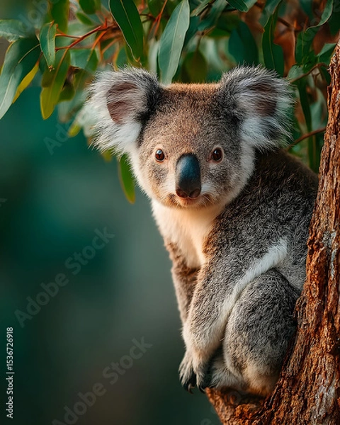 Fototapeta Cute koala sitting on eucalyptus tree in natural Australian forest with curious expression