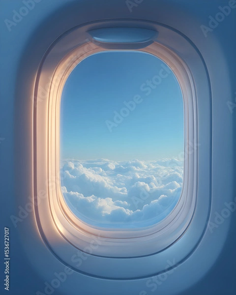 Fototapeta Airplane window view with soft clouds and blue sky during peaceful daylight flight