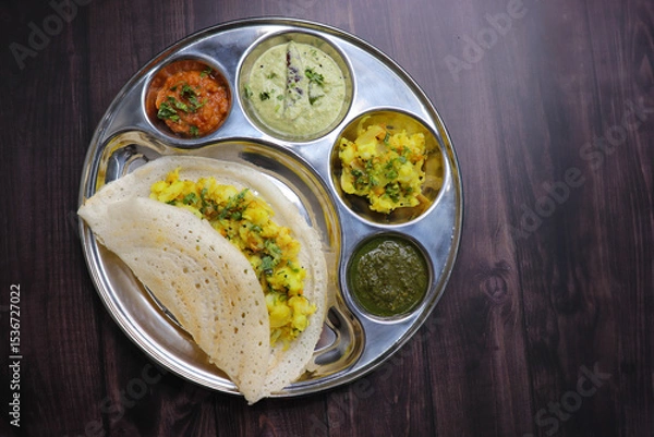 Fototapeta Crispy Masala dosa is a popular South Indian food item served with tomato chutney, coconut chutney, spicy potato masala, or aloo ki sabzi and sambar. Copy space. Crunchy Rice crepes.