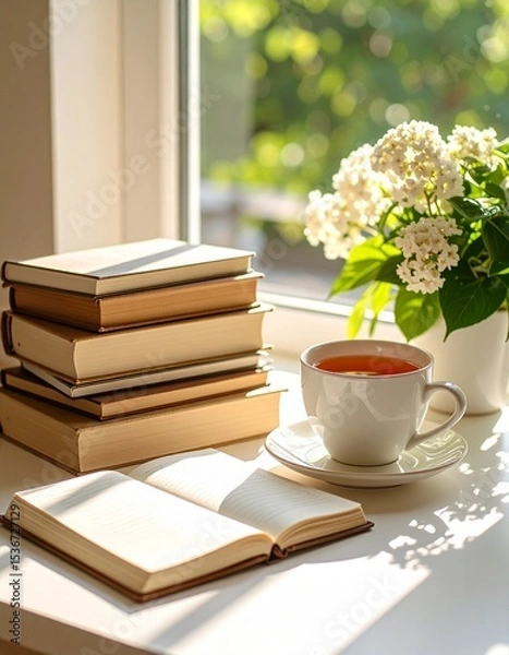 Fototapeta study space with a notebook, a mug of tea, and a stack of books beside a sunny window