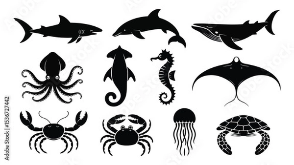Fototapeta silhouette collection of marine creatures including shark, dolphin, whale, octopus, squid, stingray, crab, turtle, jellyfish, seahorse