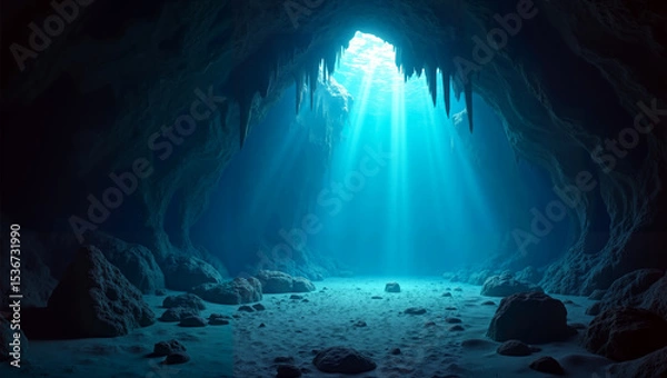 Fototapeta Underwater cave with mysterious mood illuminated by sunlight filtering through water