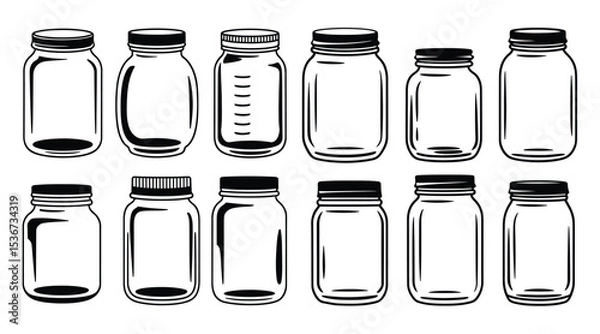 Obraz Black and White Line Art Illustration of Various Empty Glass Mason Jars