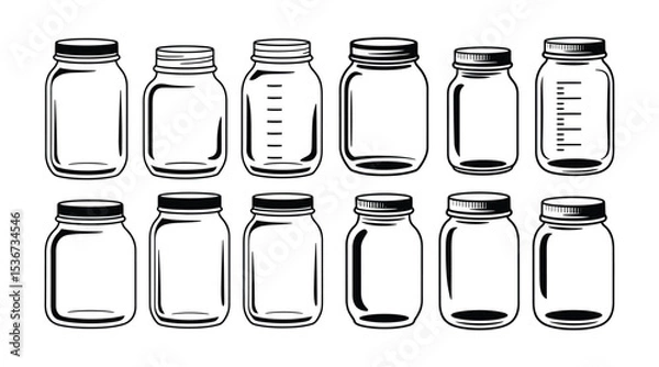 Obraz Black and White Line Art Illustration of Various Empty Glass Mason Jars